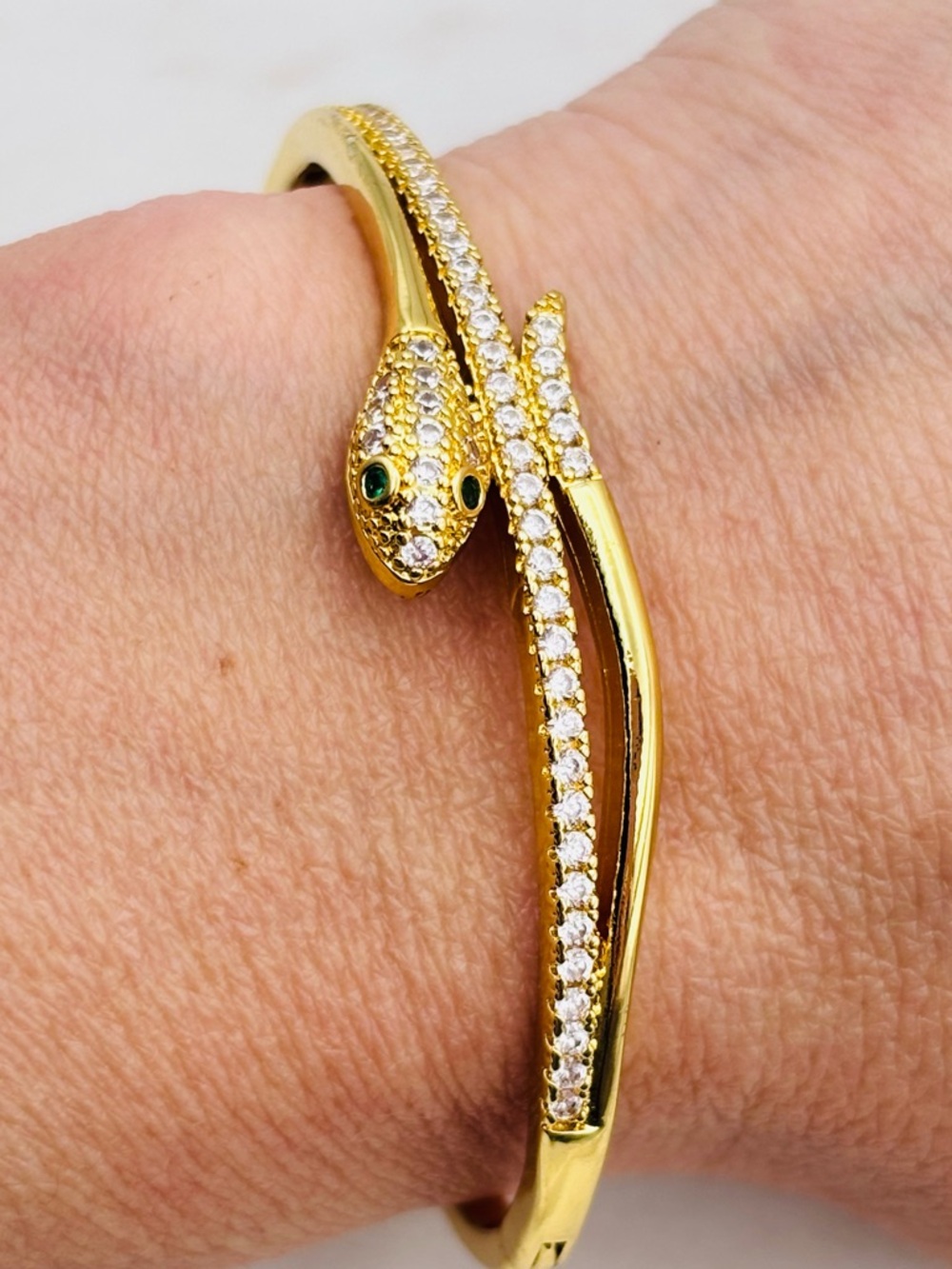18Kt Gold Plated Snake Bangle Bracelet with Crystal Accents